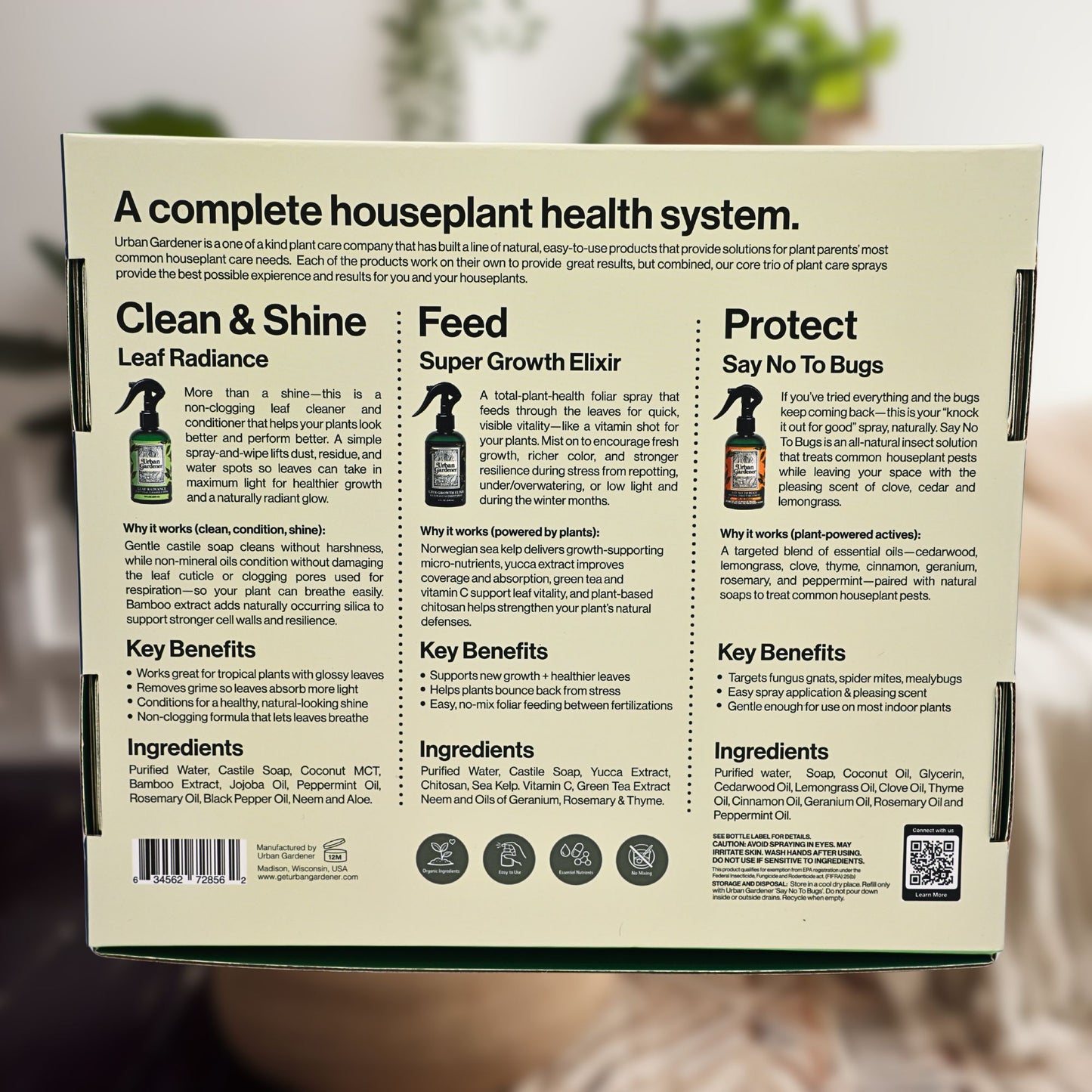 Houseplant Total Care Gift Box | Everything a Plant Lover Needs - Three bottles for Growth, For Shine, For Bugs