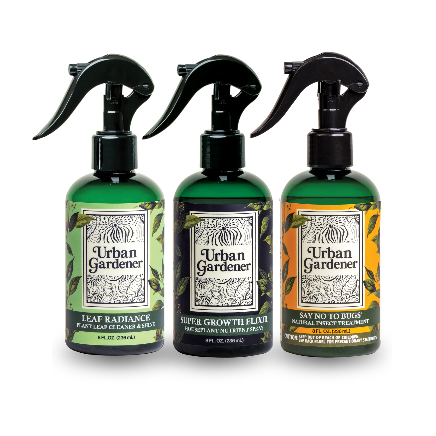 Complete Houseplant Care System | The Urban Gardener Core Trio Plant Care Kit - Say No To Bugs, Super Growth Elixir, Leaf Radiance